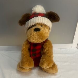 Hug Fun international Plush Brown puppy with Red Plaid Scarf and Knit Pom Hat